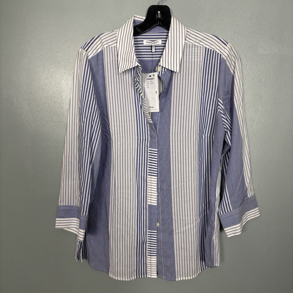 NWT FOXCRAFT Womens Long Sleeve Blue Button Up Shirt Top 8 New Tags Blouse White
